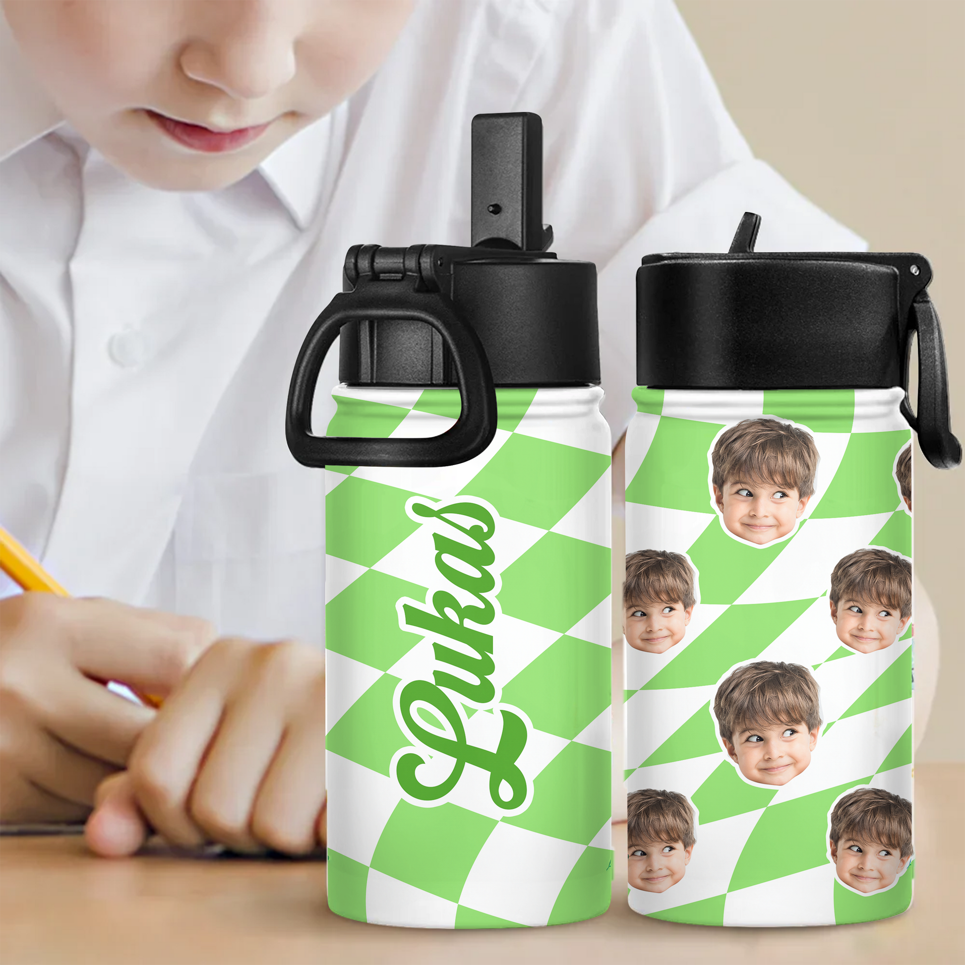 Personalized kids water bottle with straw, featuring a name and drawing, perfect for back to school.