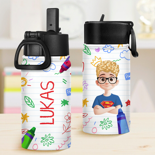 Personalized kids water bottle with straw lid and custom drawing.