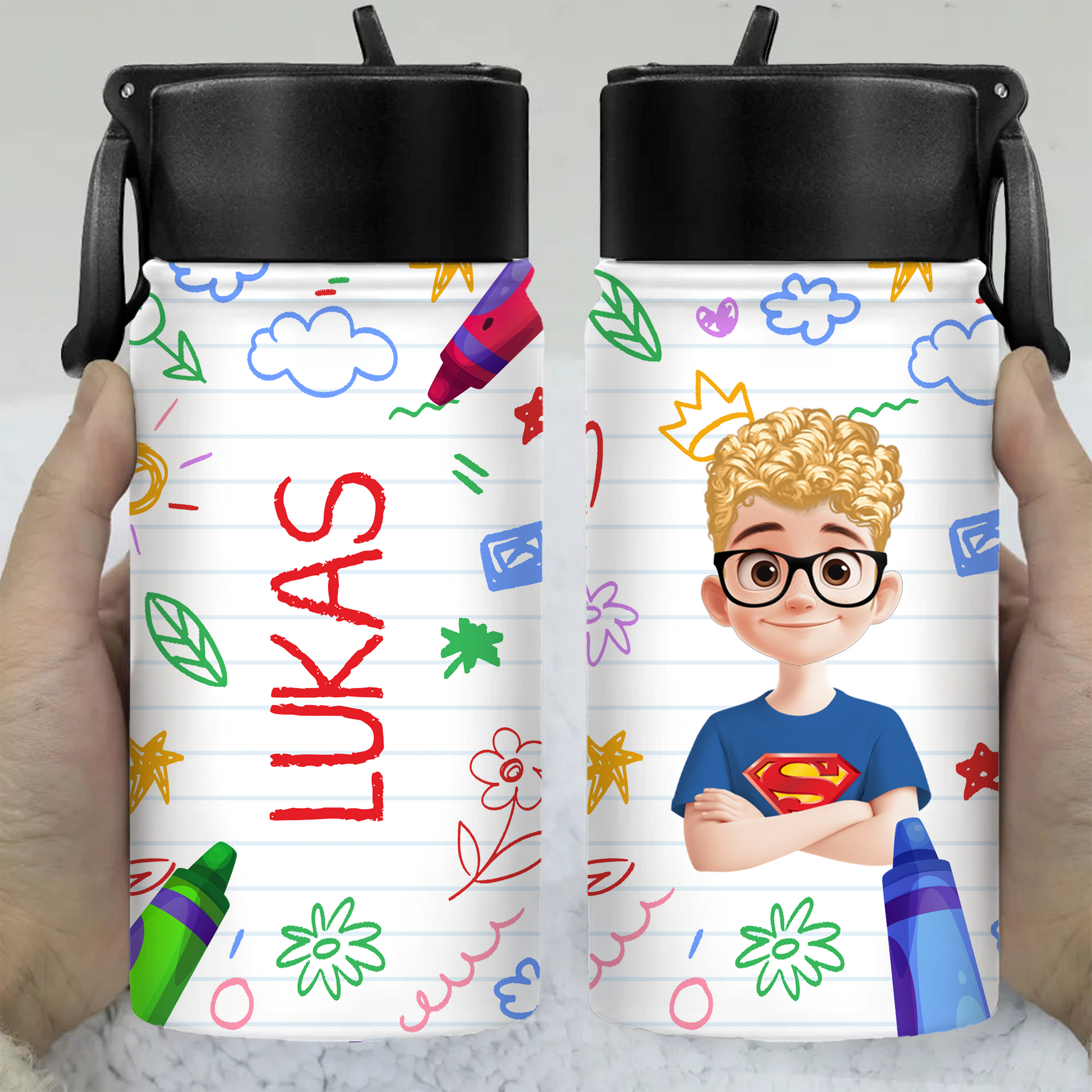 Personalized kids water bottle with straw lid and custom drawing.