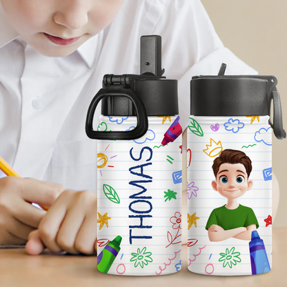 Personalized kids water bottle with straw lid and custom drawing.