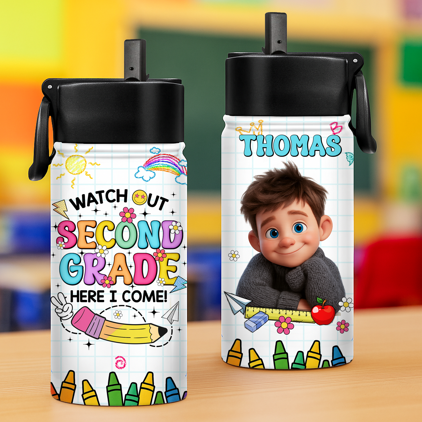 Personalized stainless steel water bottle with straw for back to school, shown with a name.