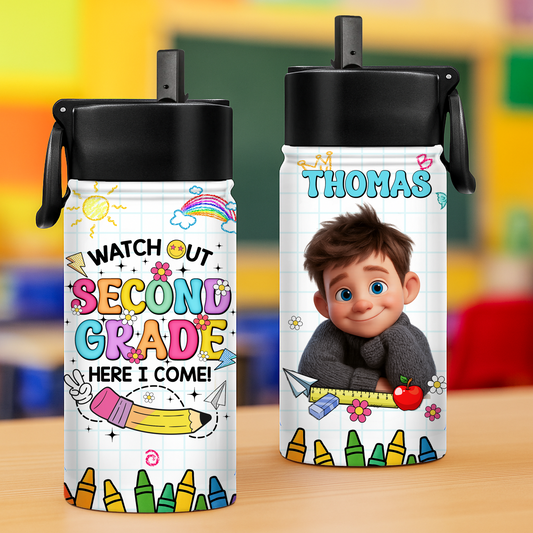 Personalized stainless steel water bottle with straw for back to school, shown with a name.