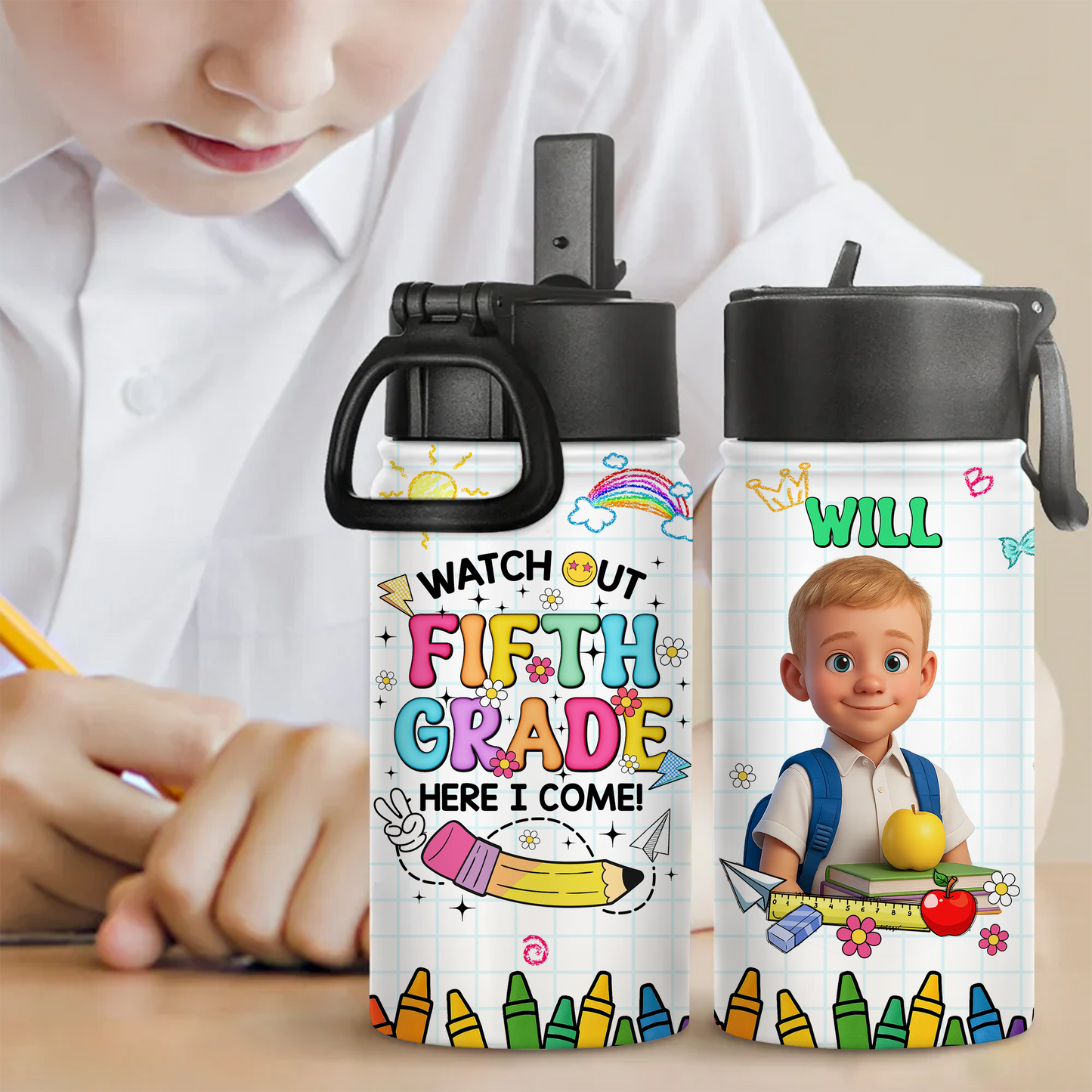 Personalized stainless steel water bottle with straw for back to school, shown with a name.