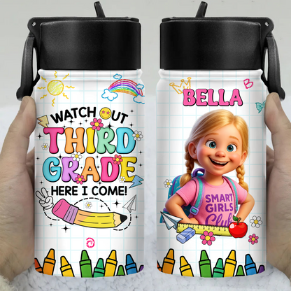 Personalized stainless steel water bottle with straw for back to school, shown with a name.