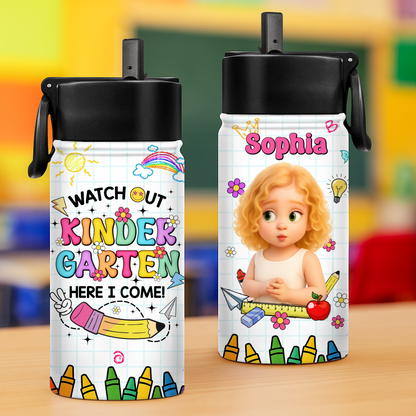 Personalized stainless steel water bottle with straw for back to school, shown with a name.
