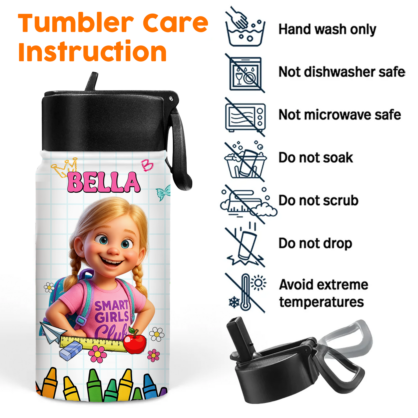 Personalized stainless steel water bottle with straw for back to school, shown with a name.