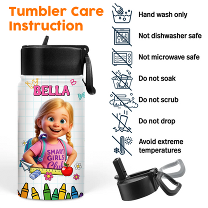 Personalized stainless steel water bottle with straw for back to school, shown with a name.