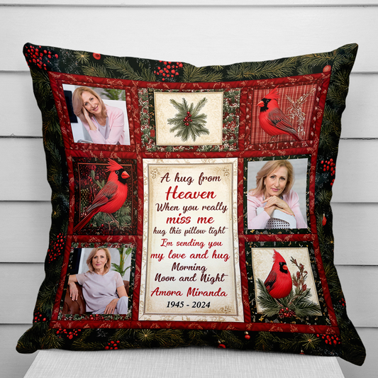 Cardinal and Wreath Hug Pillow: Personalized memorial gift for family members.