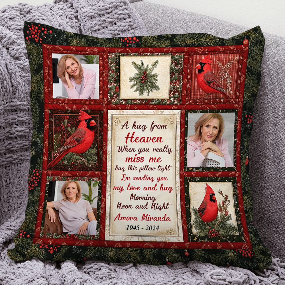 Cardinal and Wreath Hug Pillow: Personalized memorial gift for family members.