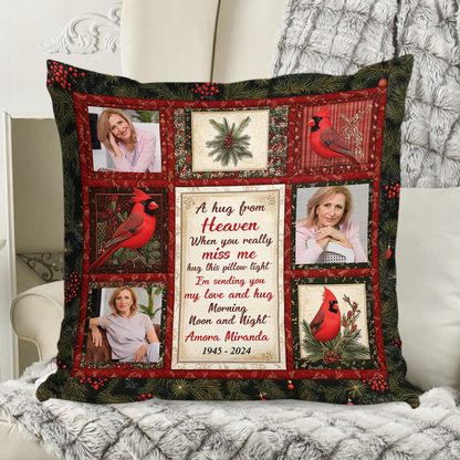 Cardinal and Wreath Hug Pillow: Personalized memorial gift for family members.