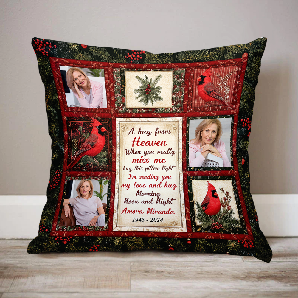 Cardinal and Wreath Hug Pillow: Personalized memorial gift for family members.