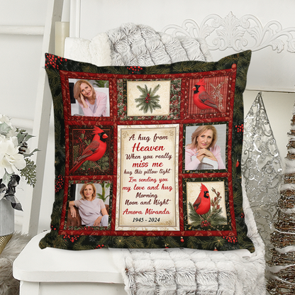 Cardinal and Wreath Hug Pillow: Personalized memorial gift for family members.