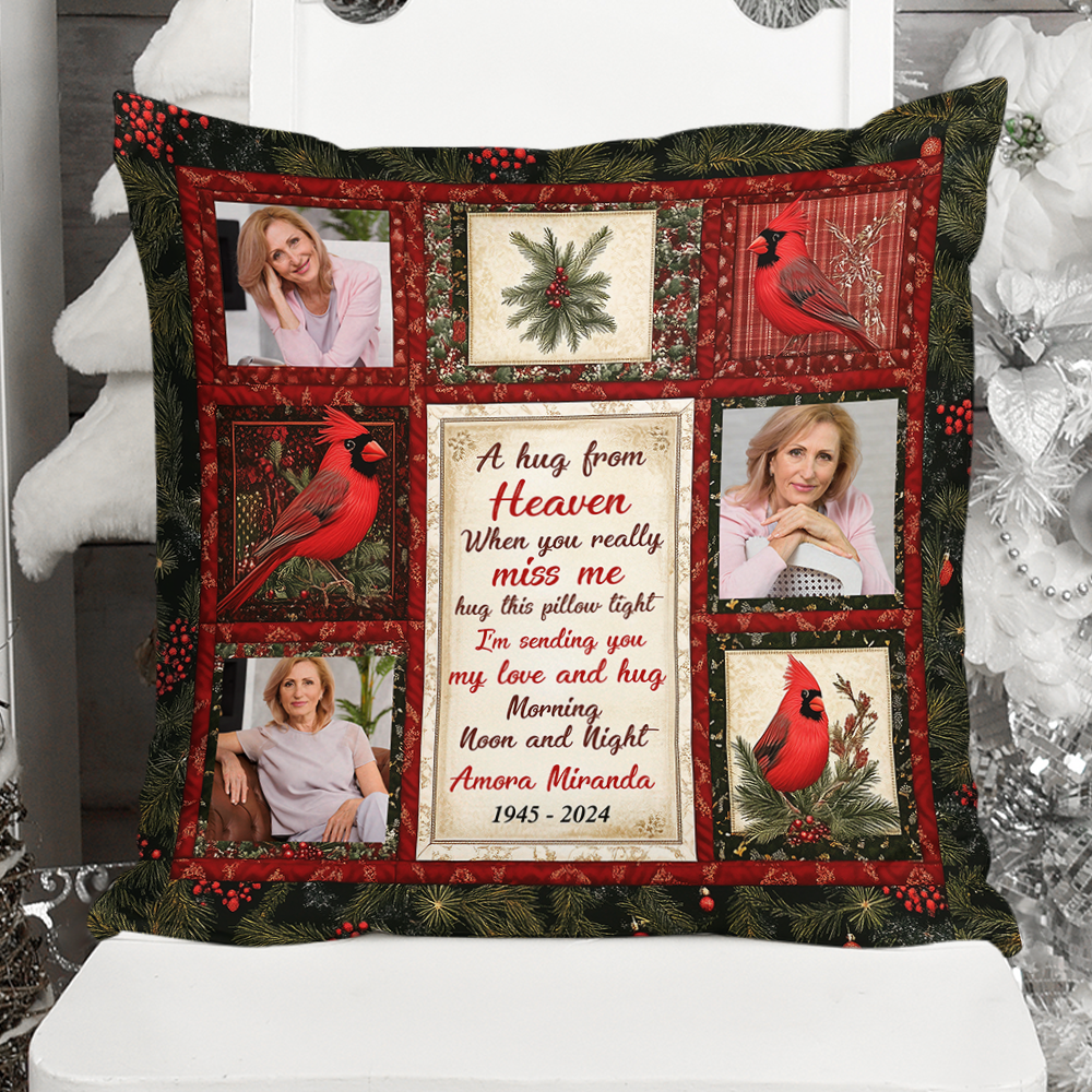 Cardinal and Wreath Hug Pillow: Personalized memorial gift for family members.