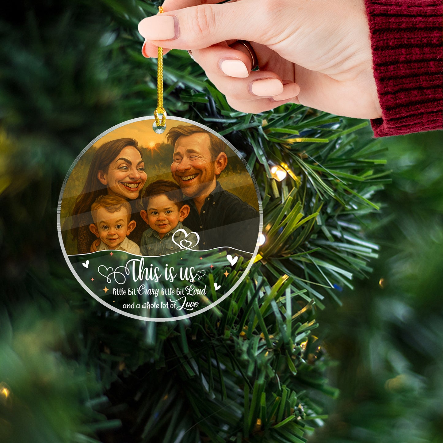 Personalized family caricature ornament on clear acrylic, custom-made art.