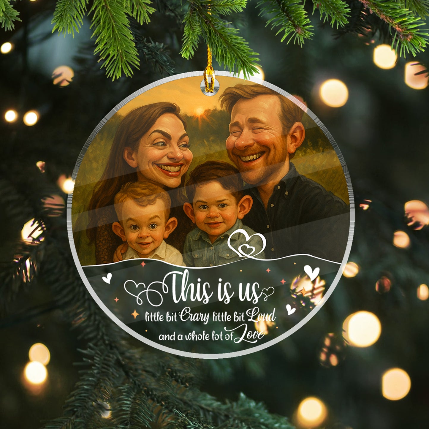 Personalized family caricature ornament on clear acrylic, custom-made art.