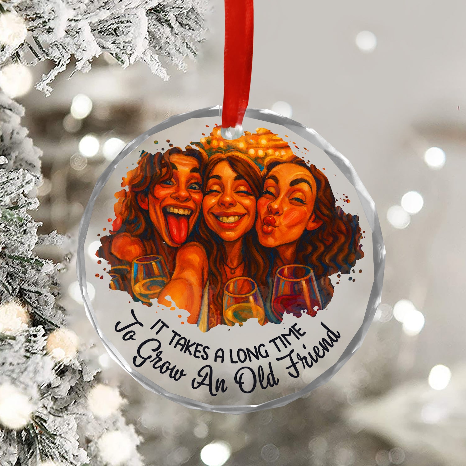 Personalized custom glass ornament with cartoon portrait, perfect Christmas gift.