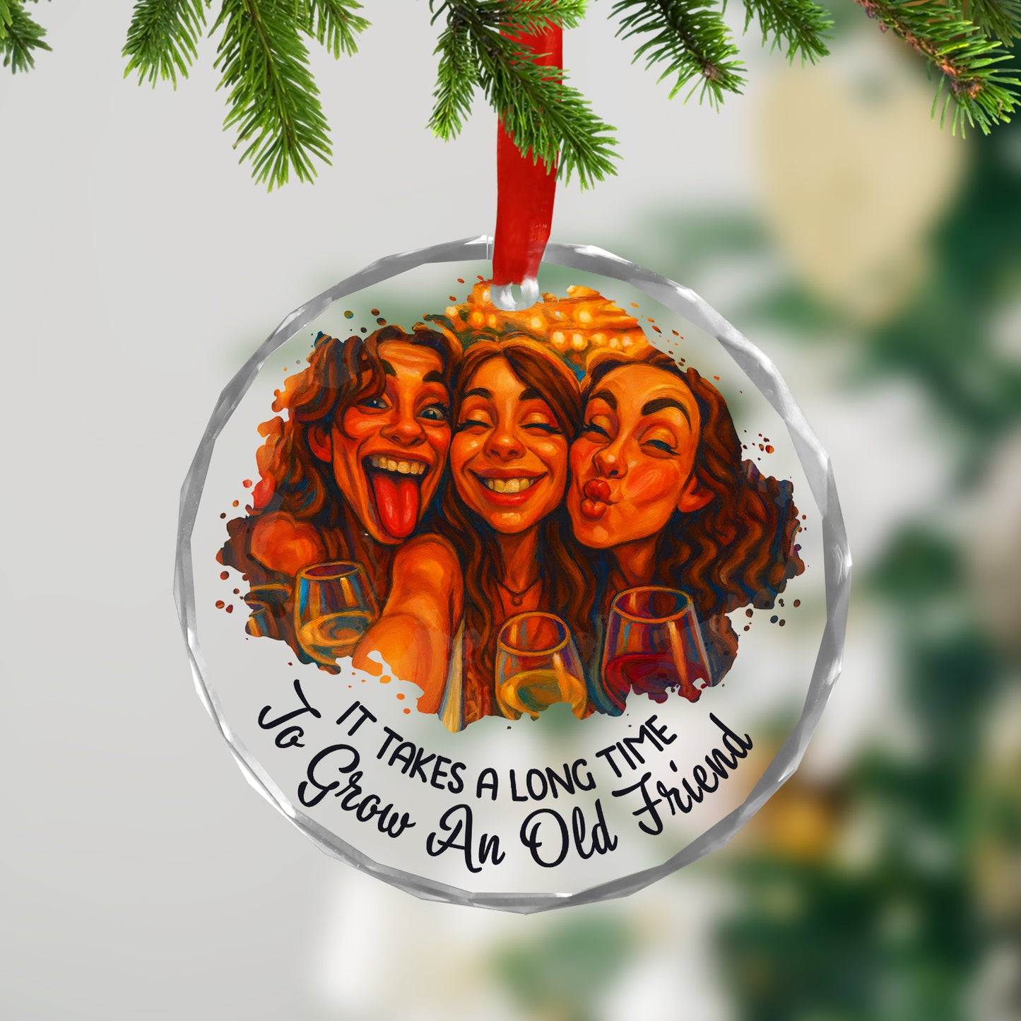 Personalized custom glass ornament with cartoon portrait, perfect Christmas gift.
