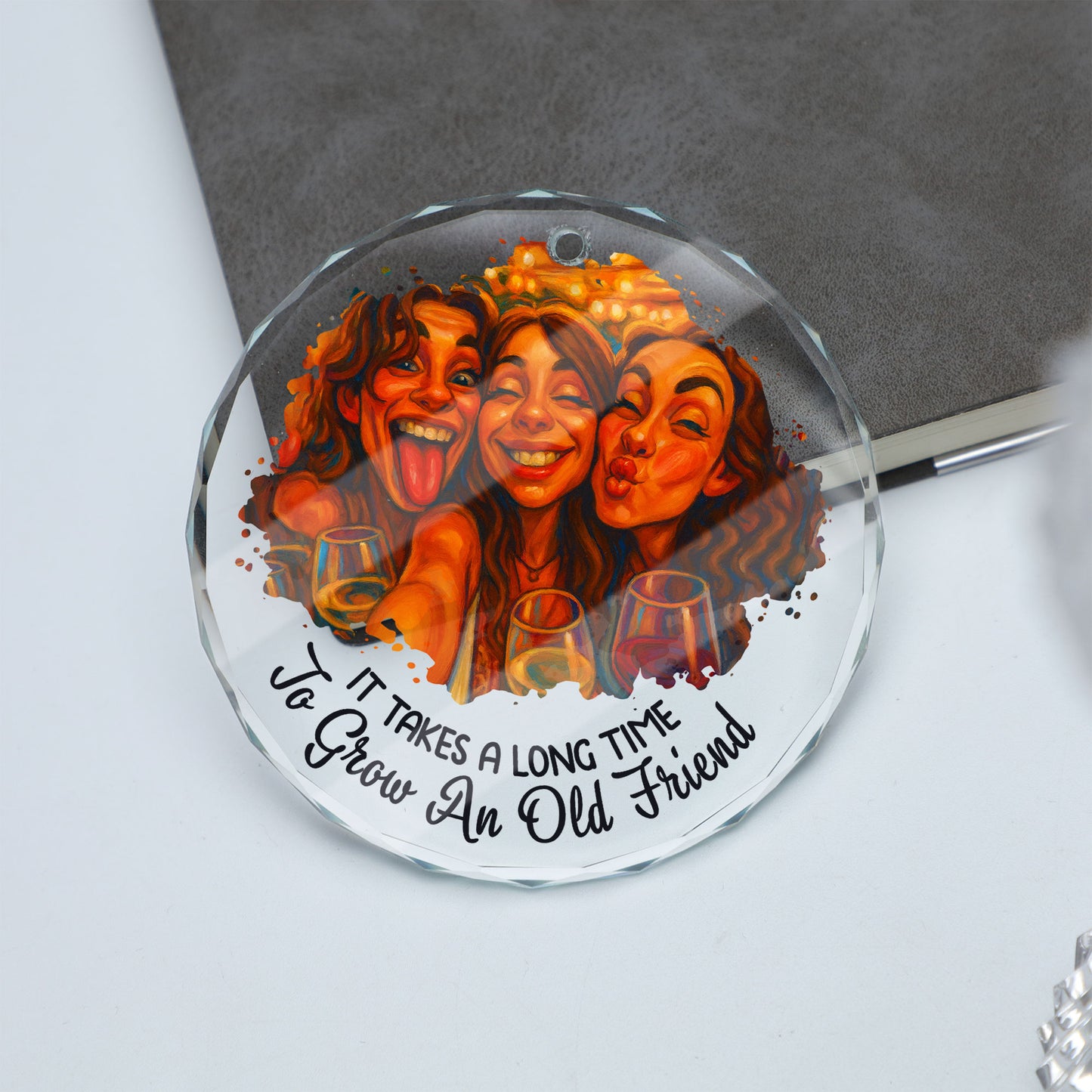 Personalized custom glass ornament with cartoon portrait, perfect Christmas gift.