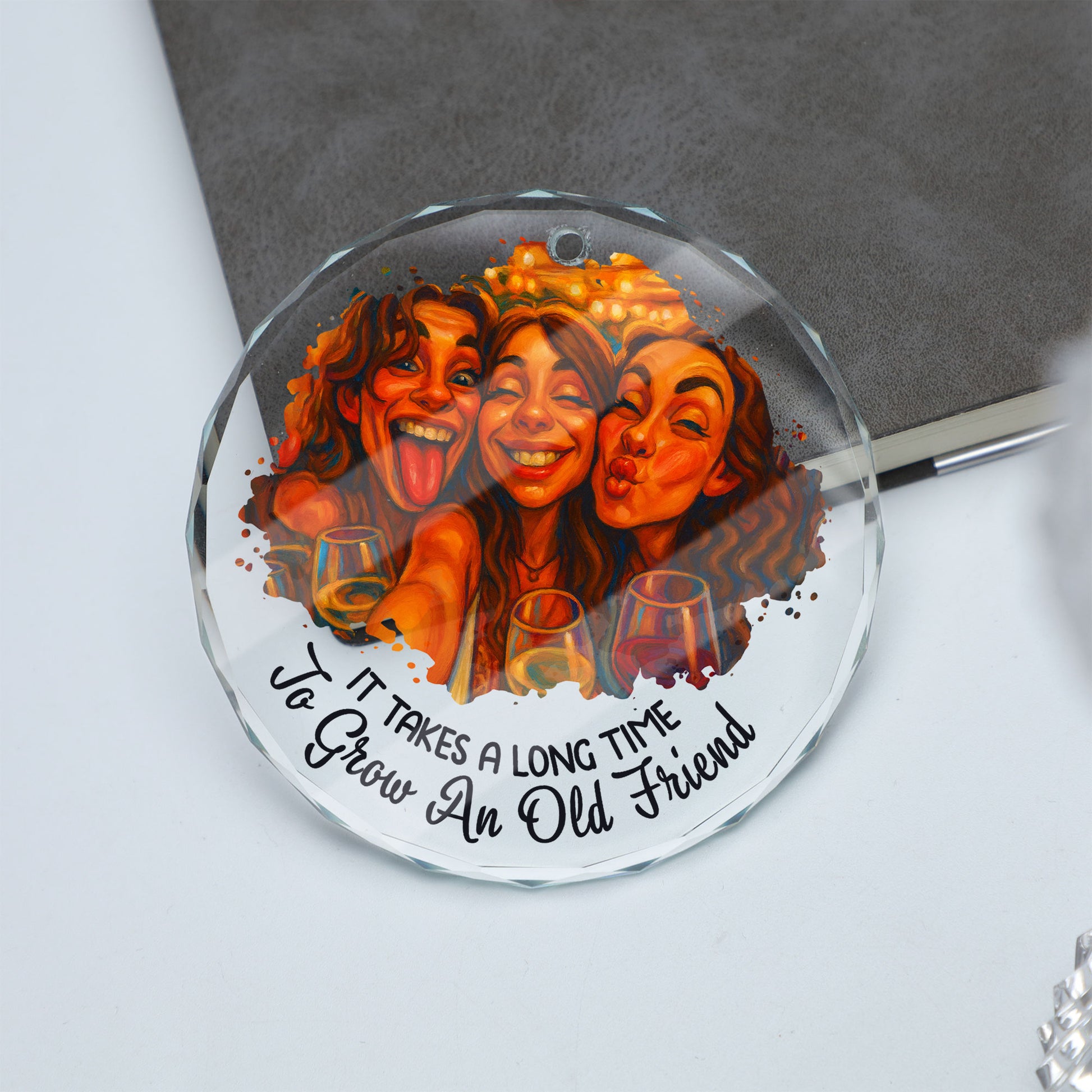 Personalized custom glass ornament with cartoon portrait, perfect Christmas gift.