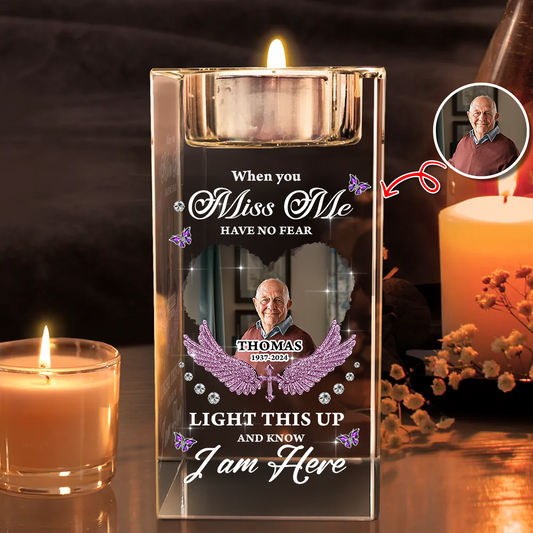 Personalized crystal candle holder with "Have No Fear Light This Up" charm.