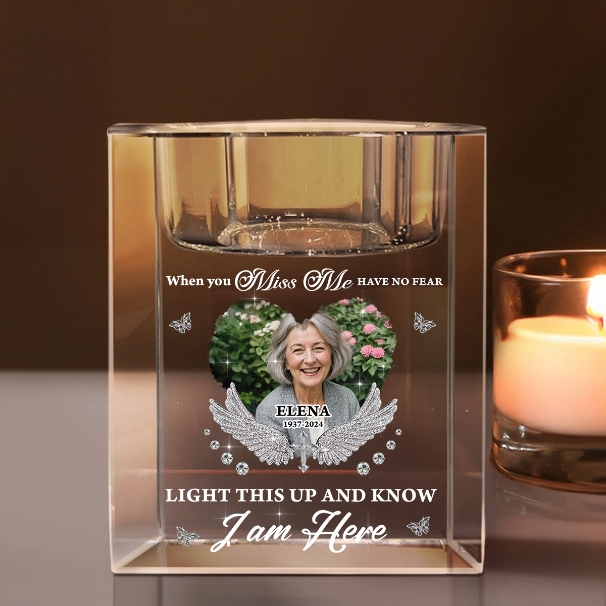 Personalized crystal candle holder with "Have No Fear Light This Up" charm.