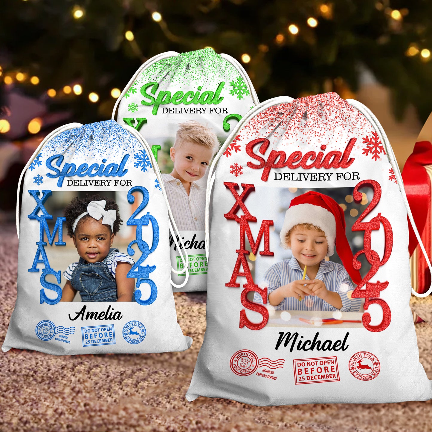 Custom Photo Christmas 2025 Bag, a personalized Christmas sack, perfect family gift for the 2025 holidays.
