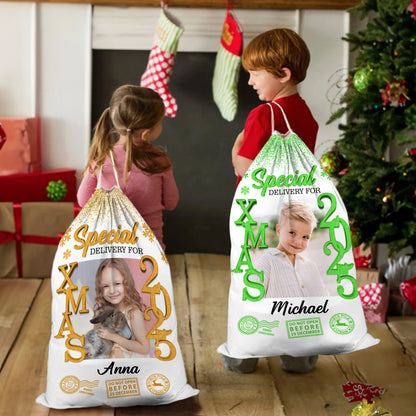 Custom Photo Christmas 2025 Bag, a personalized Christmas sack, perfect family gift for the 2025 holidays.