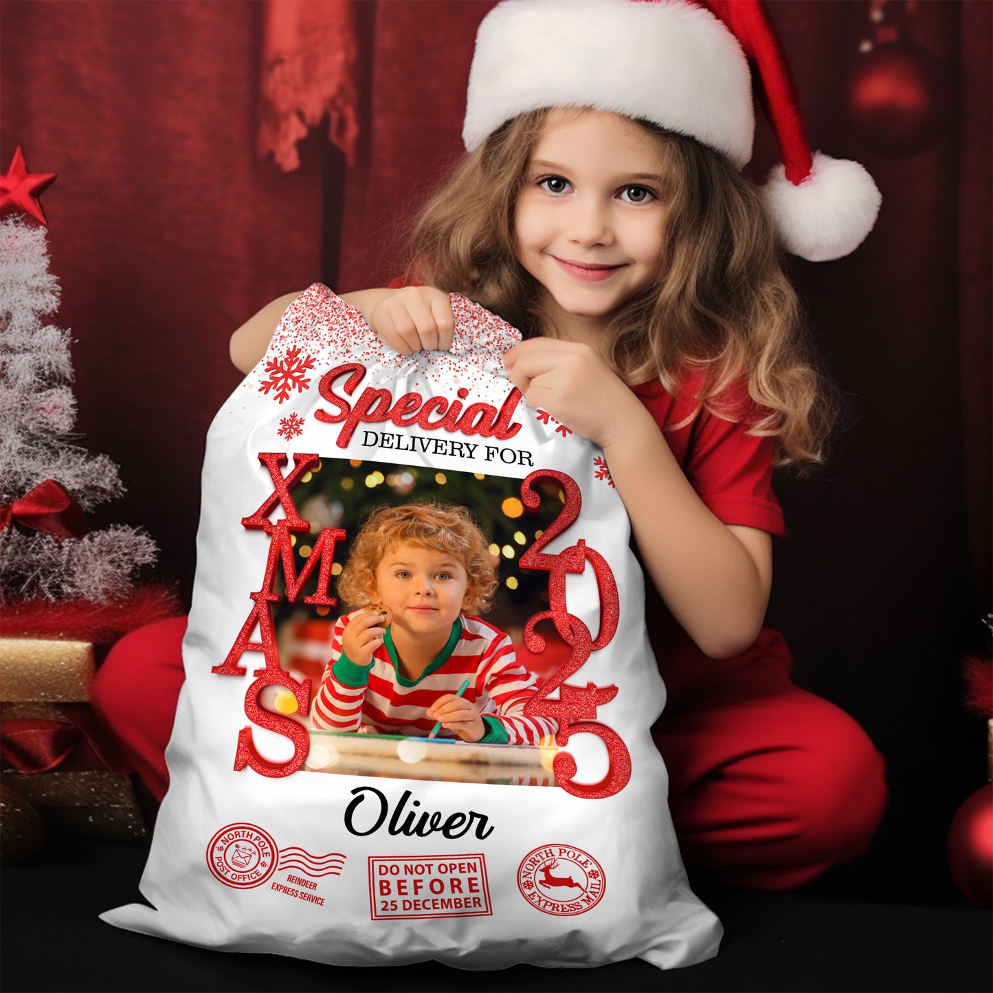 Custom Photo Christmas 2025 Bag, a personalized Christmas sack, perfect family gift for the 2025 holidays.