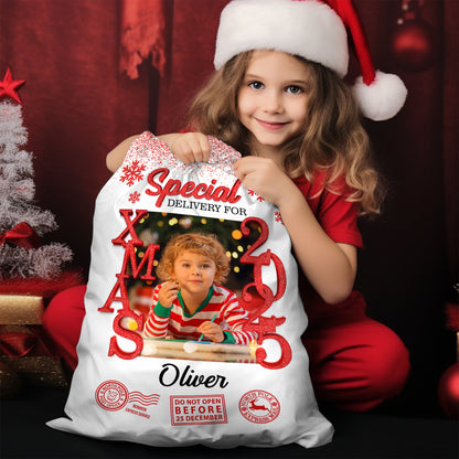Custom Photo Christmas 2025 Bag, a personalized Christmas sack, perfect family gift for the 2025 holidays.