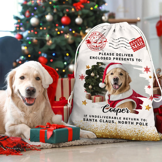 Custom Christmas dog lover bag with personalized photo, a festive holiday sack for family gifts.