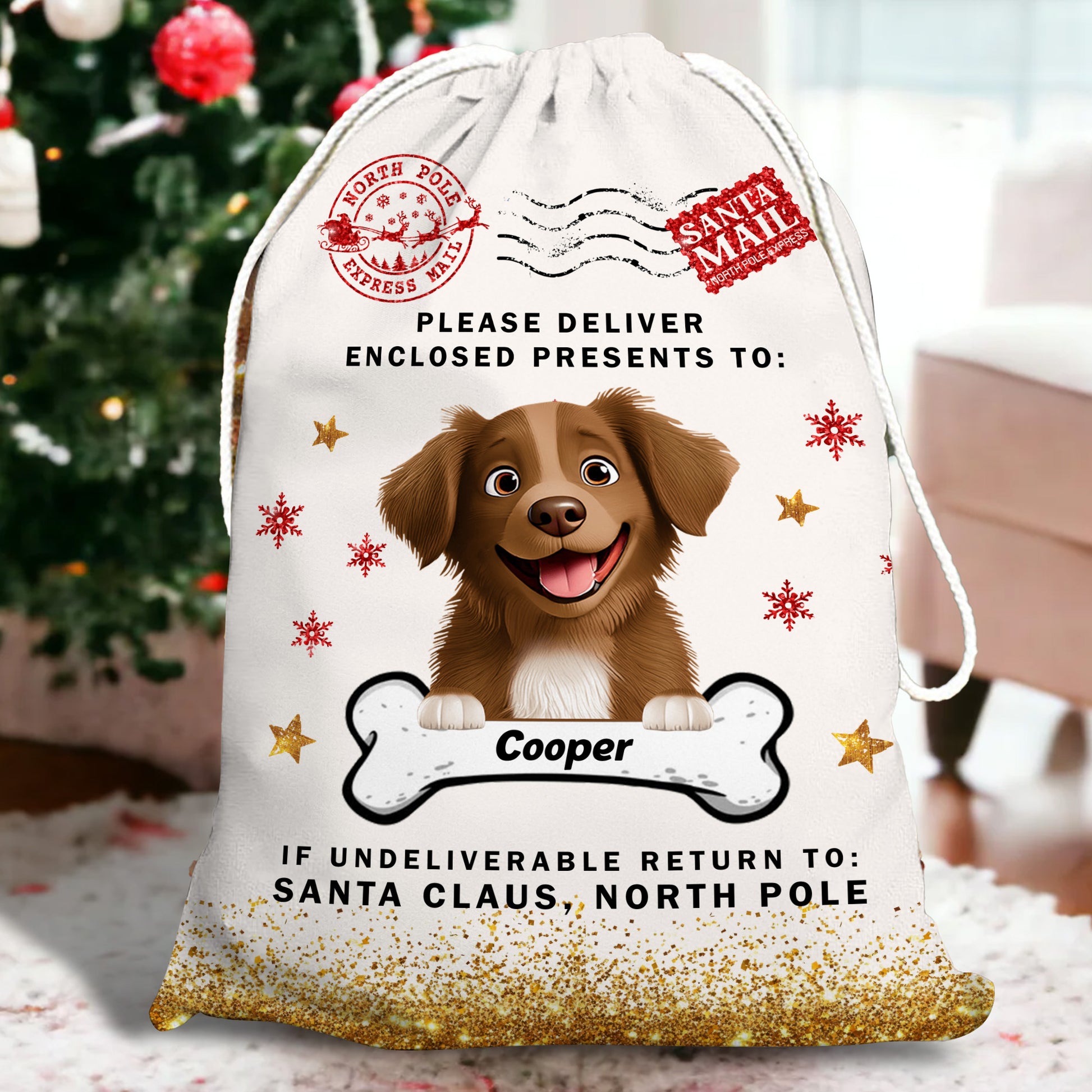 Custom Christmas dog lover bag with personalized photo, a festive holiday sack for family gifts.