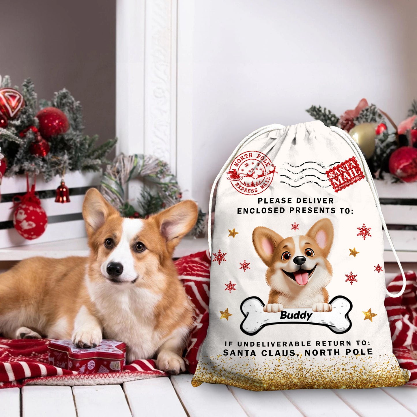 Custom Christmas dog lover bag with personalized photo, a festive holiday sack for family gifts.
