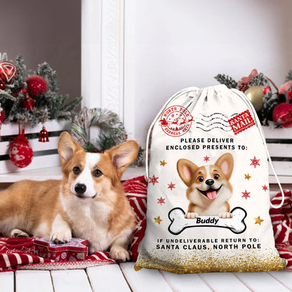 Custom Christmas dog lover bag with personalized photo, a festive holiday sack for family gifts.