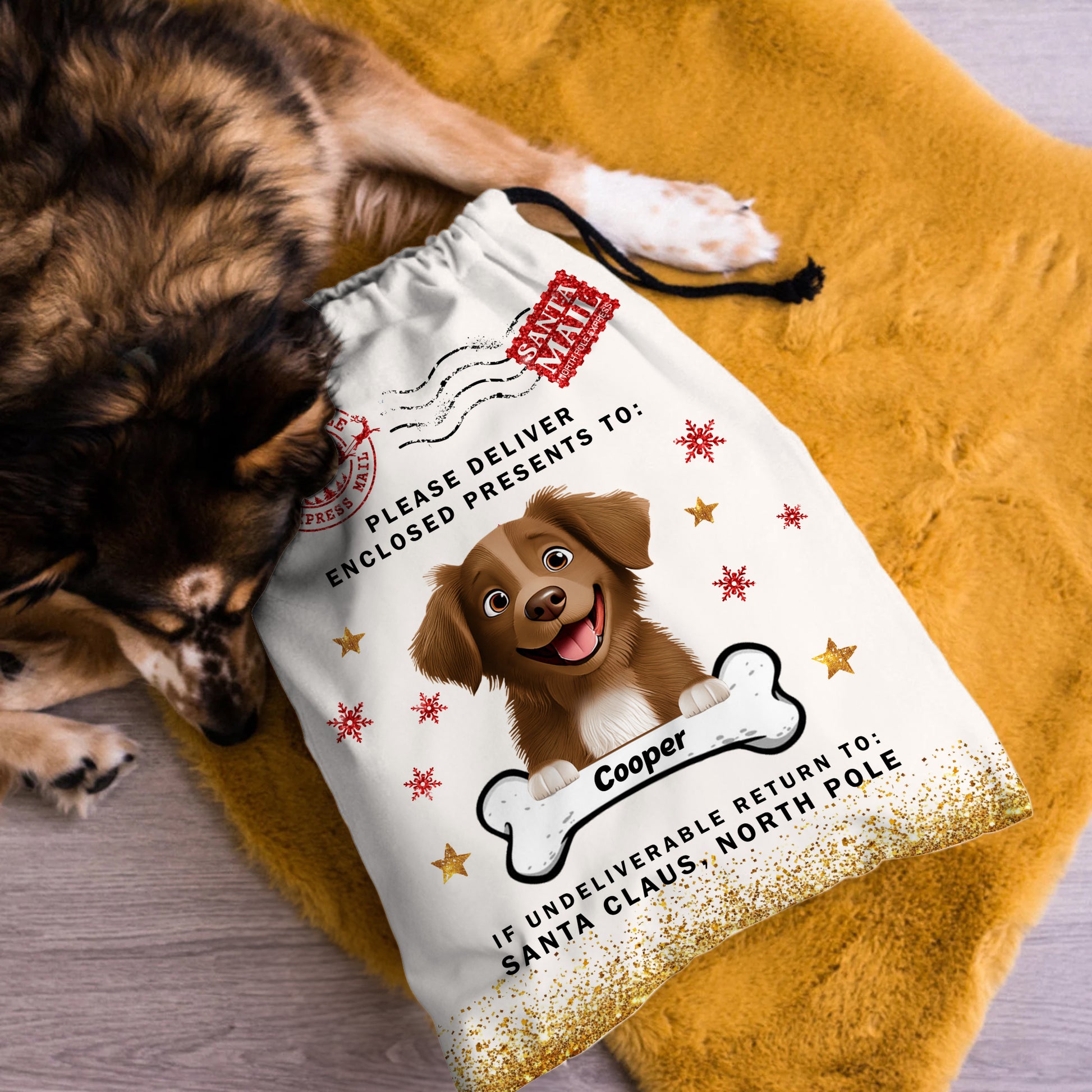 Custom Christmas dog lover bag with personalized photo, a festive holiday sack for family gifts.
