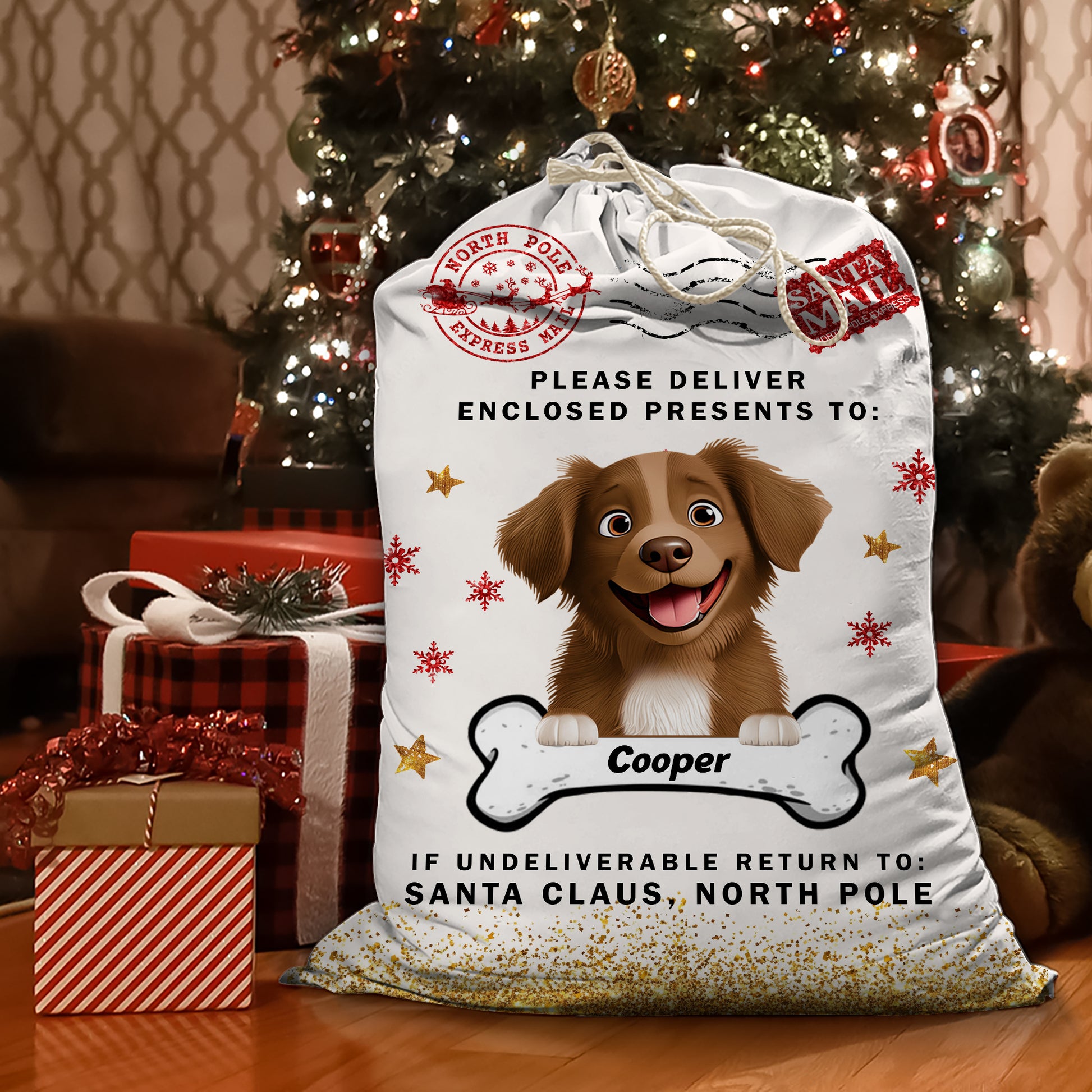 Custom Christmas dog lover bag with personalized photo, a festive holiday sack for family gifts.
