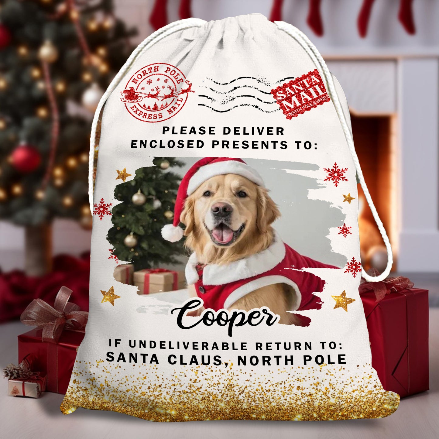 Custom Christmas dog lover bag with personalized photo, a festive holiday sack for family gifts.