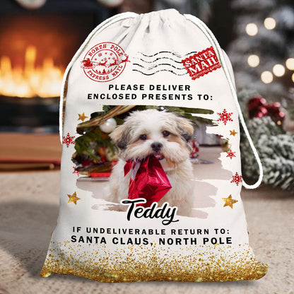 Custom Christmas dog lover bag with personalized photo, a festive holiday sack for family gifts.