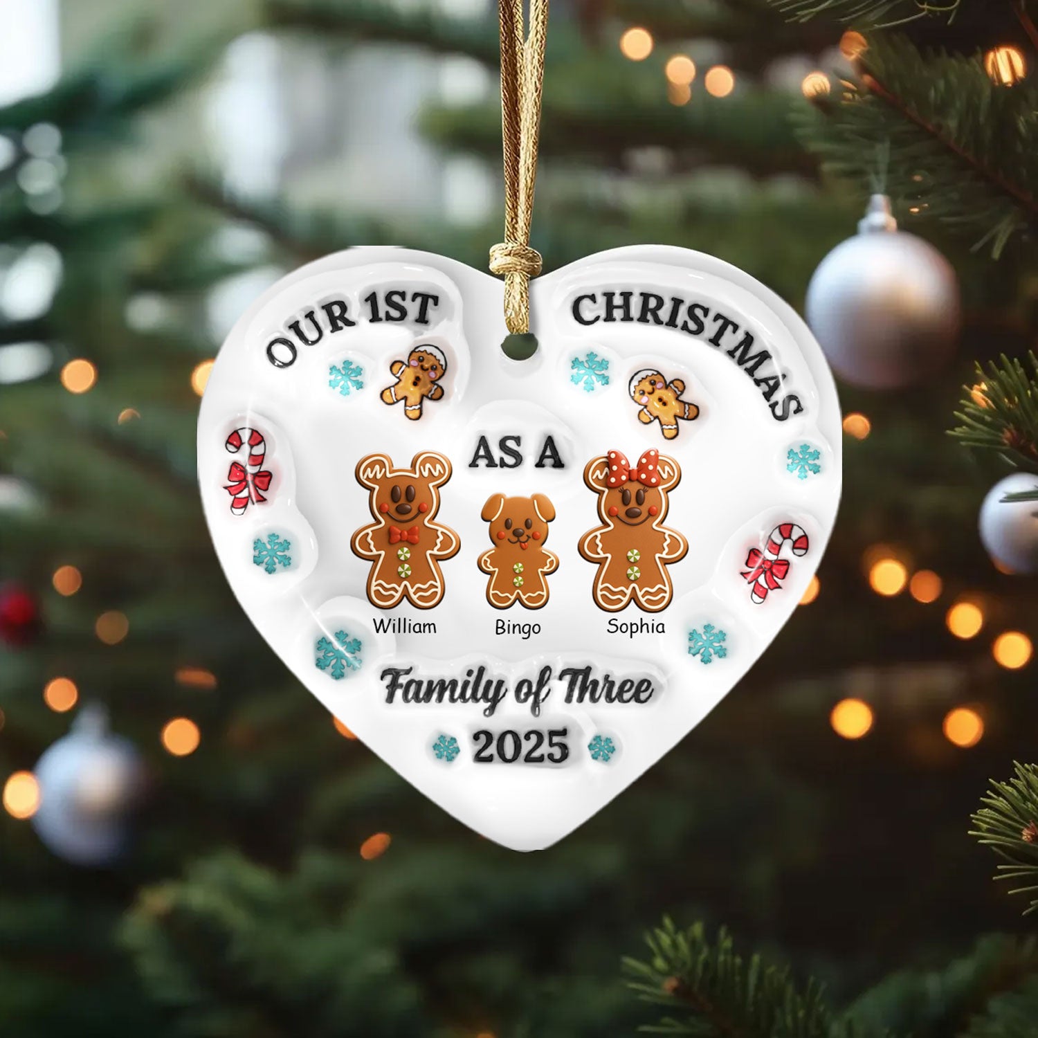 Personalized heart ceramic ornament with custom family cookies design, a unique Christmas gift.