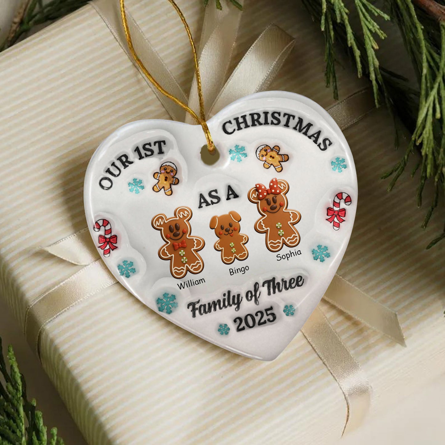 Personalized heart ceramic ornament with custom family cookies design, a unique Christmas gift.