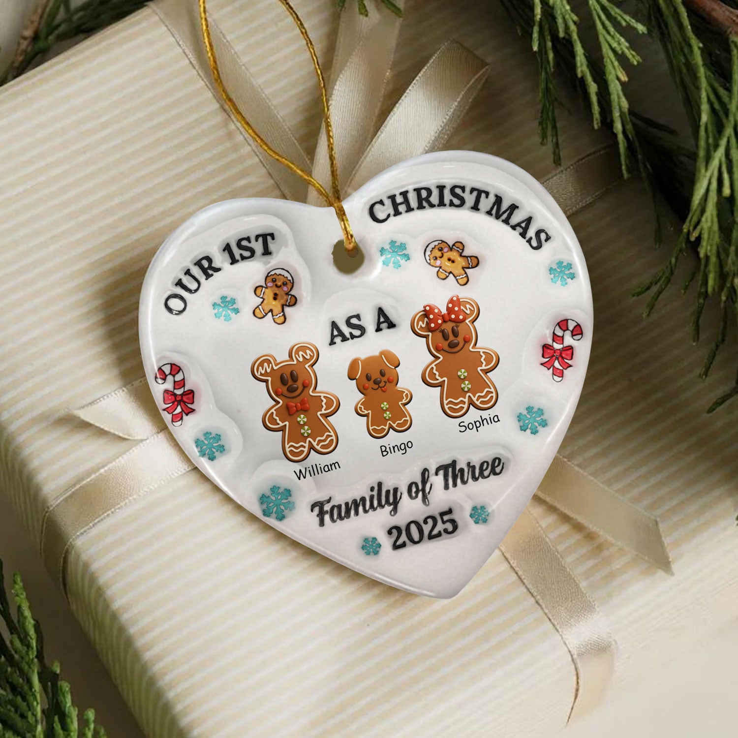 Personalized heart ceramic ornament with custom family cookies design, a unique Christmas gift.