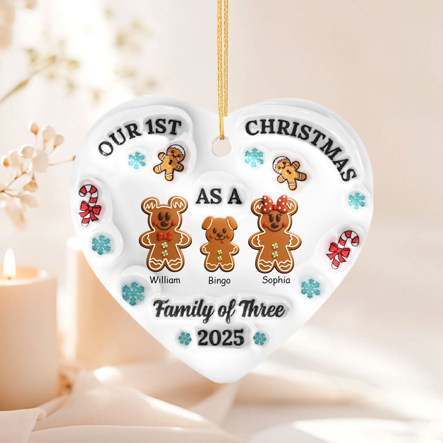 Personalized heart ceramic ornament with custom family cookies design, a unique Christmas gift.