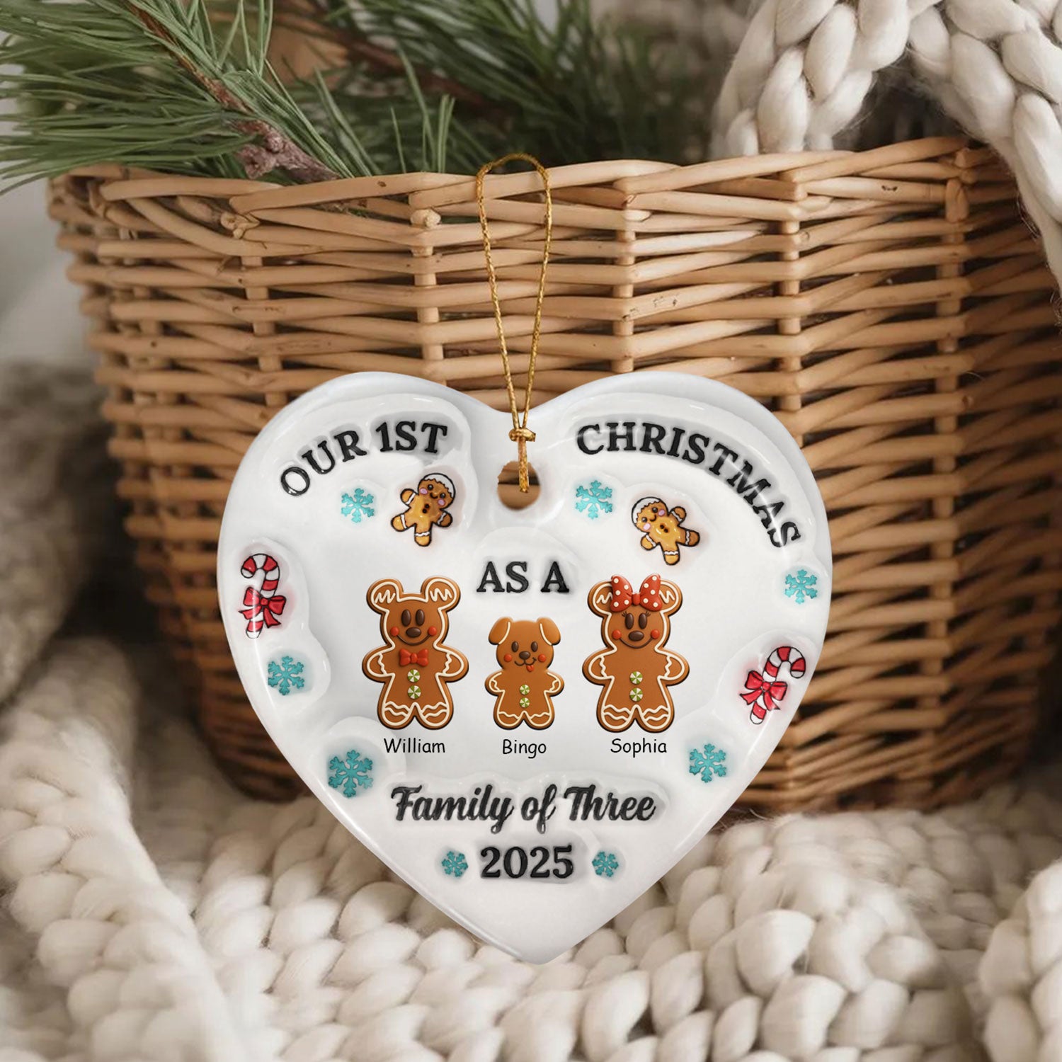 Personalized heart ceramic ornament with custom family cookies design, a unique Christmas gift.