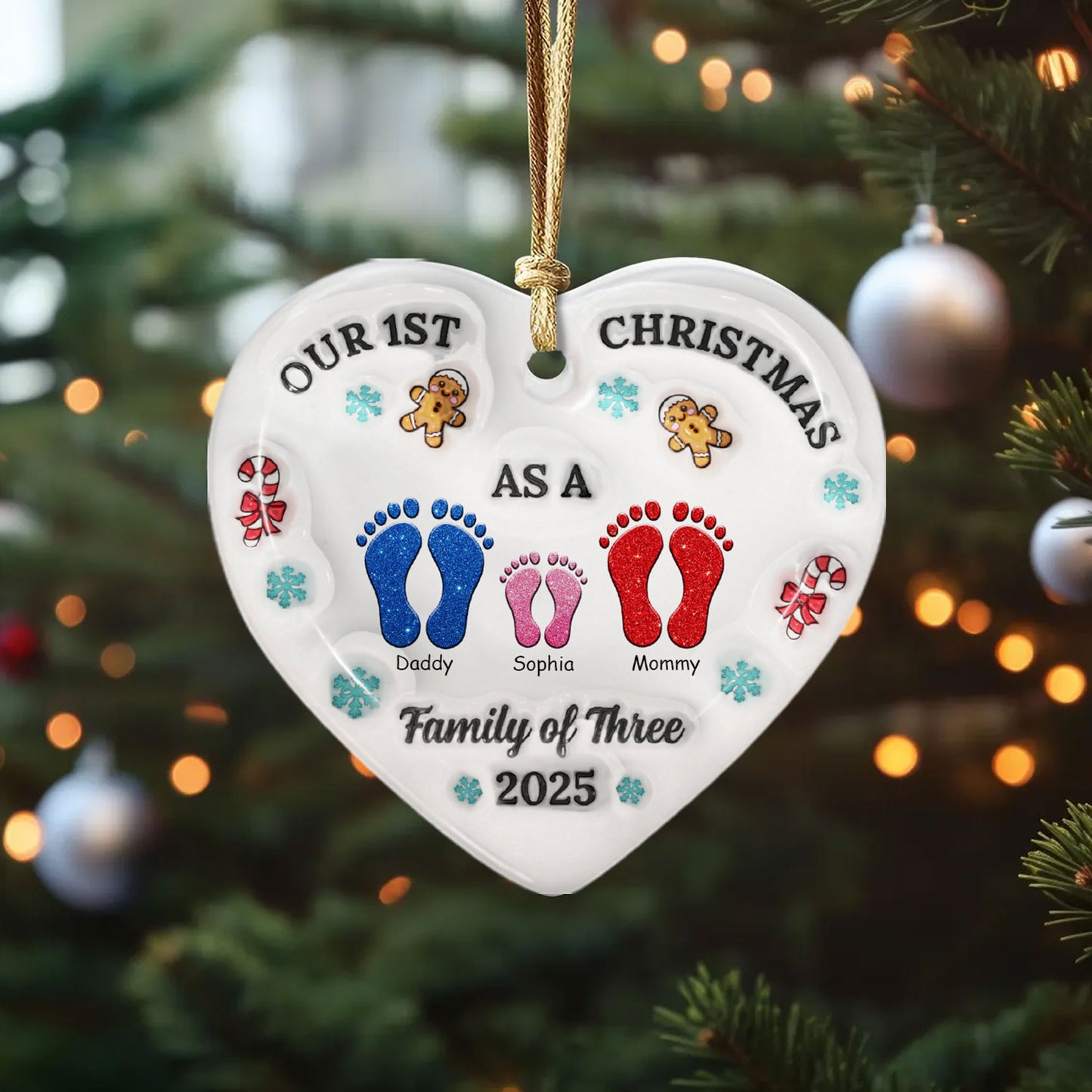 Personalized heart ceramic ornament, a custom Christmas gift for family.