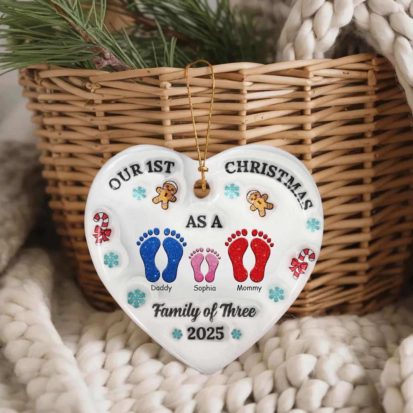 Personalized heart ceramic ornament, a custom Christmas gift for family.