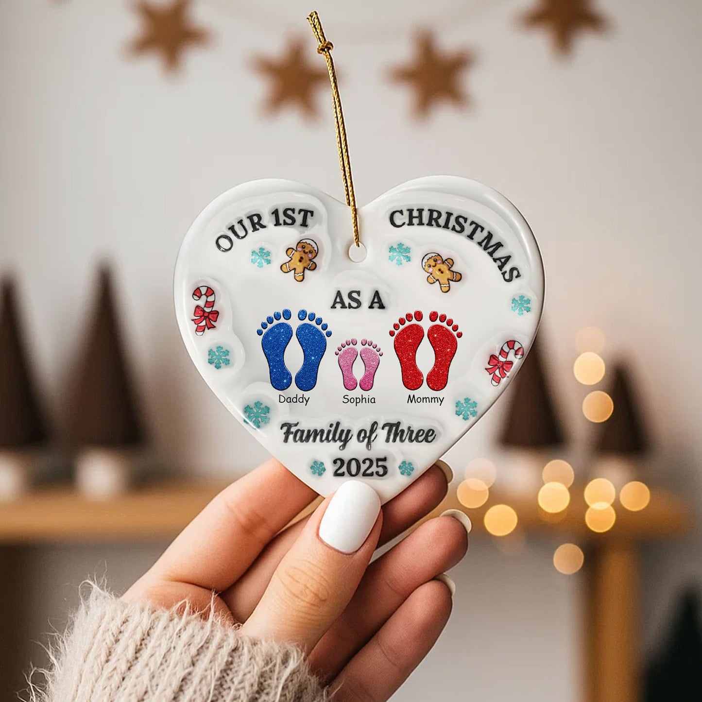 Personalized heart ceramic ornament, a custom Christmas gift for family.