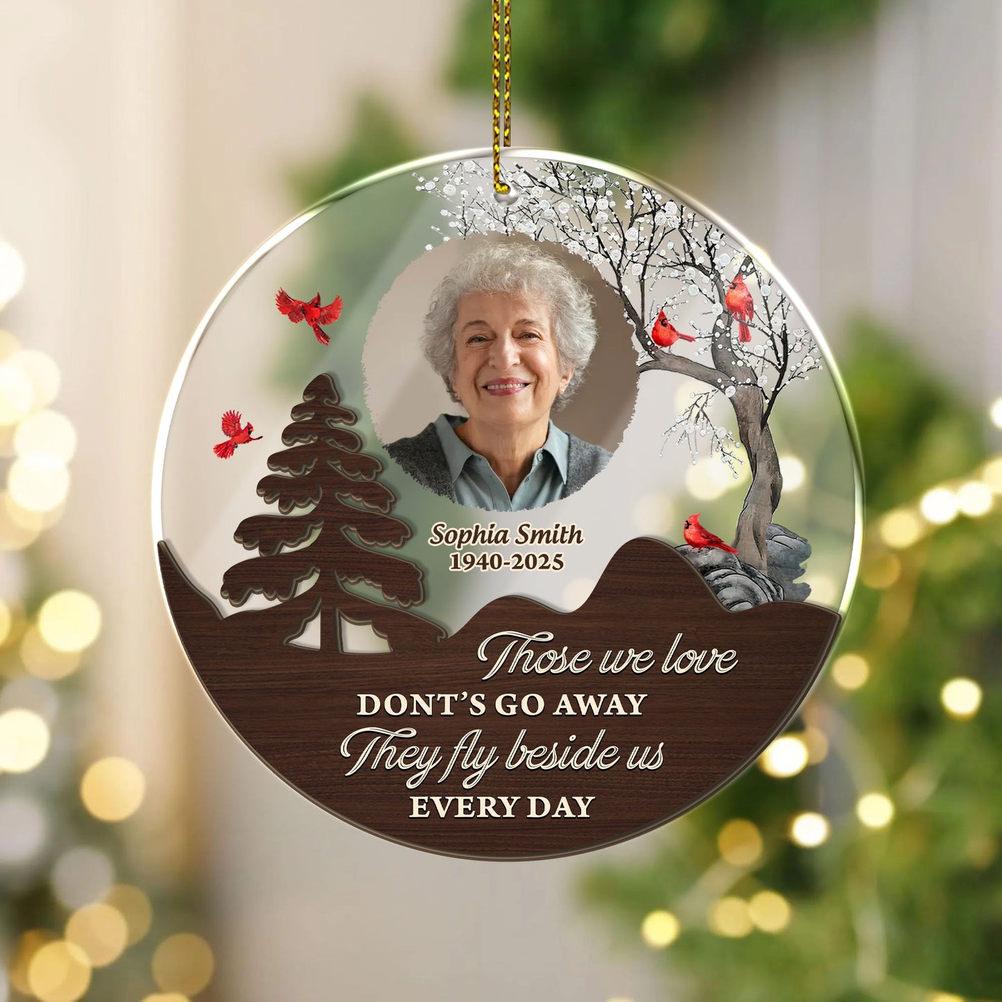 Christmas in Heaven personalized window suncatcher ornament with memorial poem and cardinal.