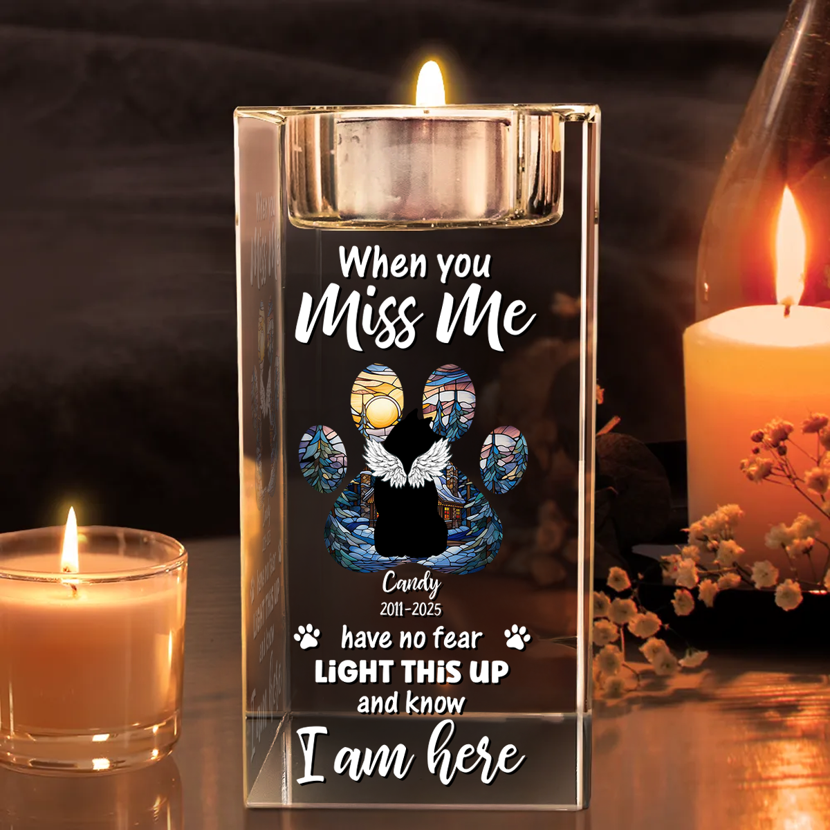 Personalized crystal candle holder: Christmas memorial dog paw print keepsake.