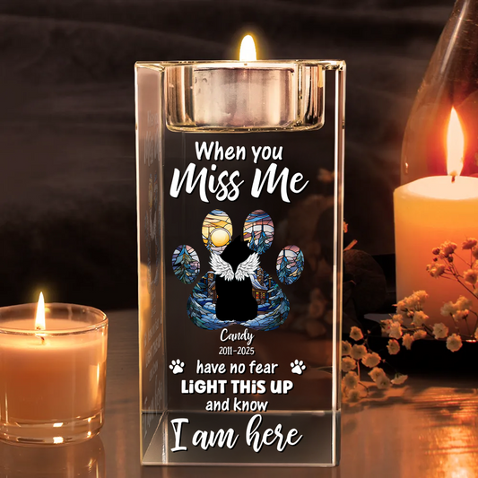 Personalized crystal candle holder: Christmas memorial dog paw print keepsake.