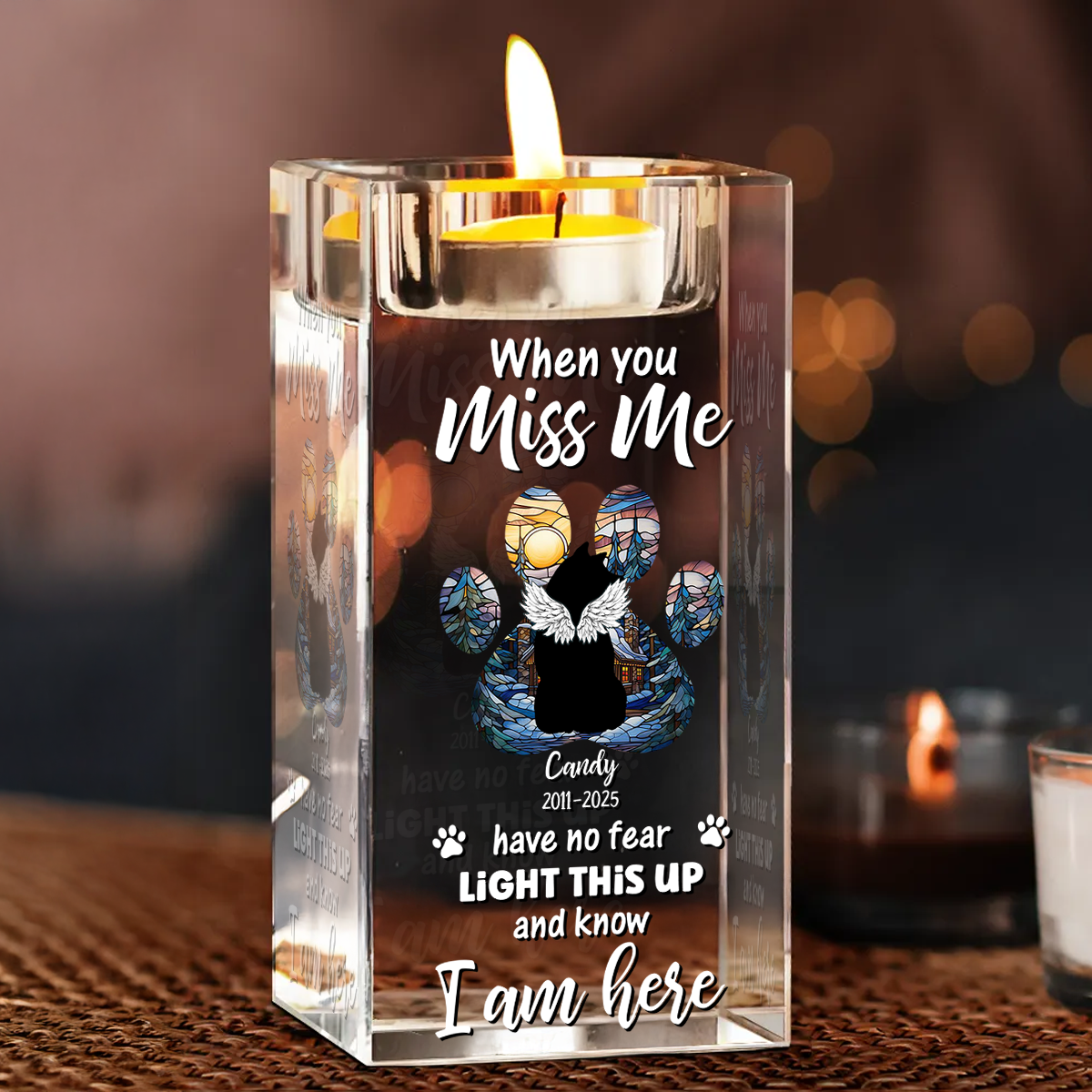 Personalized crystal candle holder: Christmas memorial dog paw print keepsake.