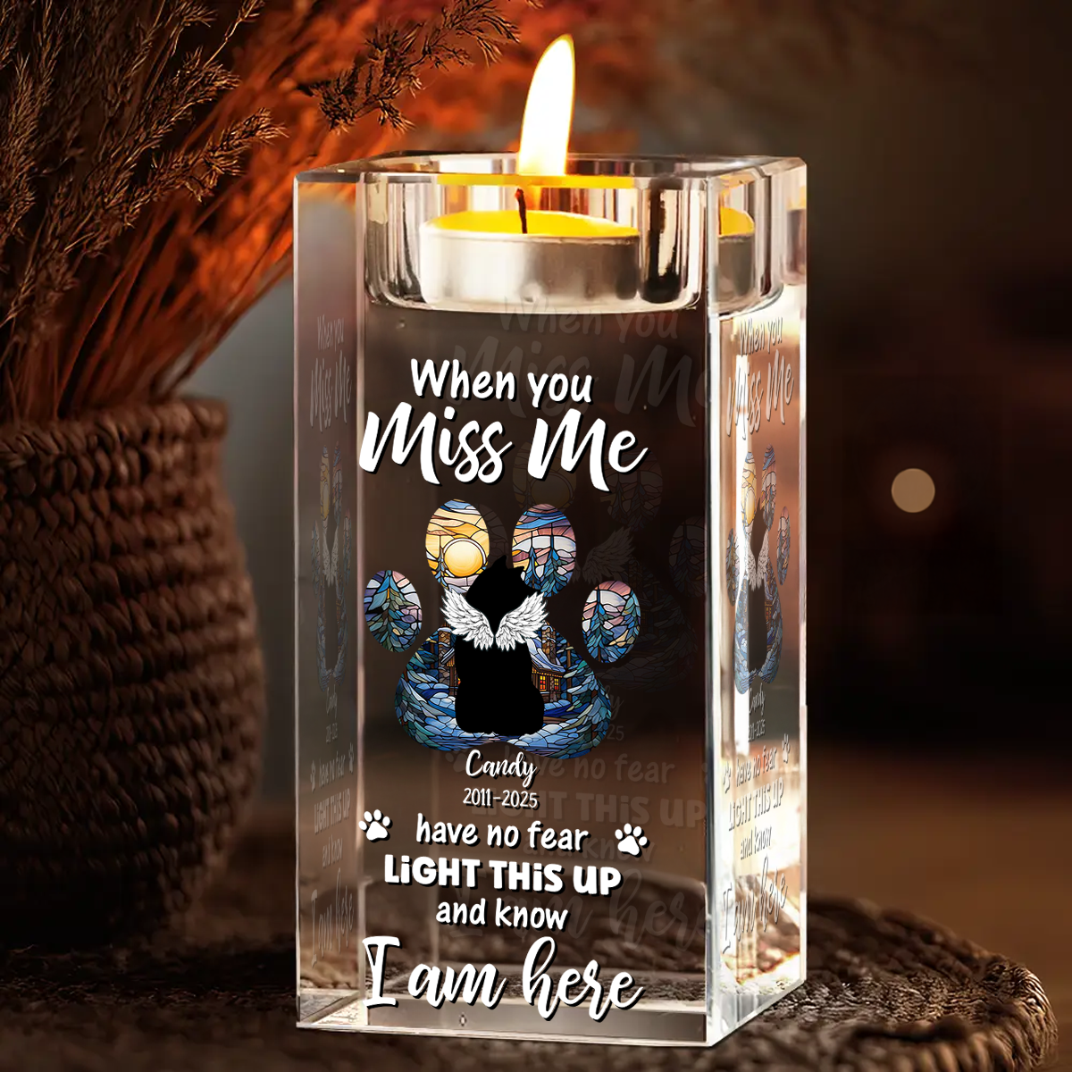 Personalized crystal candle holder: Christmas memorial dog paw print keepsake.